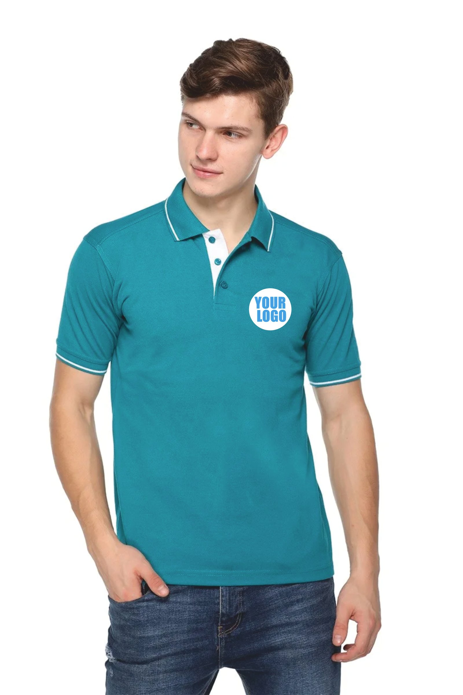Custom Pikmee Highline Aqua Blue Polo White rib line T-shirt